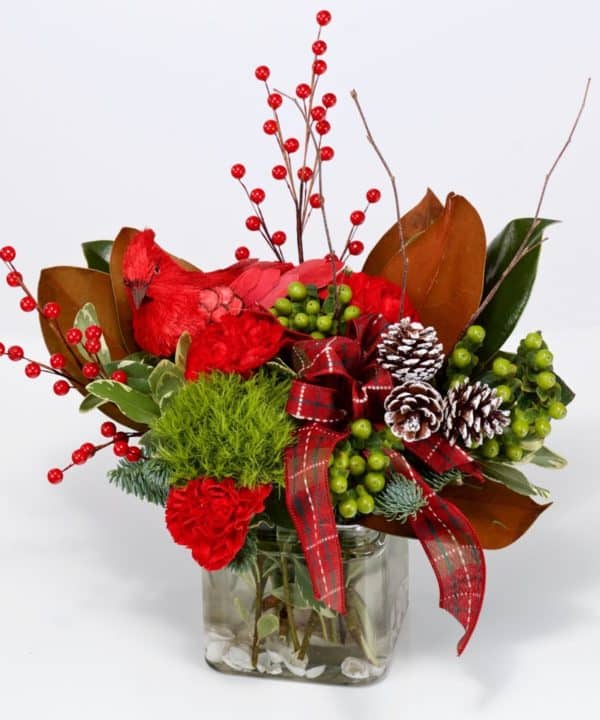 Pine cones, berries and seasonal greens in cube vase