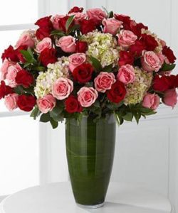 Asdorted pink and red roses with white hydrangas