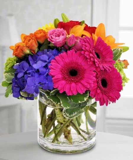 This bouquet is blooming with vibrant colors to bring a smile and delight to the face of that special recipient. Orange roses, pink Gerbera daisies, blue hydrangea and more are nestled together to create this eye catching design.