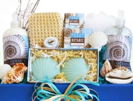 includes Ocean Pur shea butter lotion, luxurious bottled hand soap, bar soap and a box of scallop shell spa soap